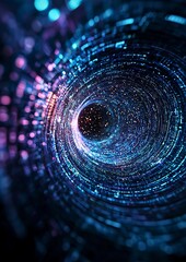 Abstract representation of a digital tunnel, with glowing particles forming a swirling vortex