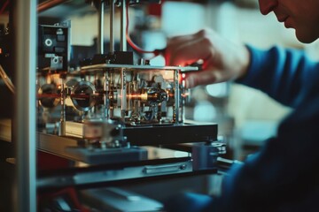 A hand carefully adjusts an intricate scientific instrument, performing a precise experiment within a technologically advanced laboratory environment.