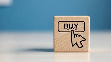 A wooden block with a buy button and cursor on a white surface with blue background