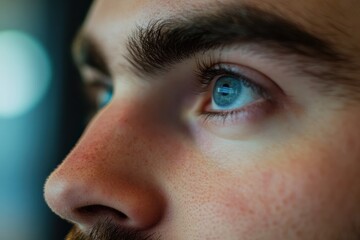 A close up detail of a bright blue eye gazing intently upwards with a reflection visible in the pupil.