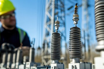 A dedicated worker wearing a safety hard hat inspects crucial high voltage electrical grid components and equipment at an outdoor power station.