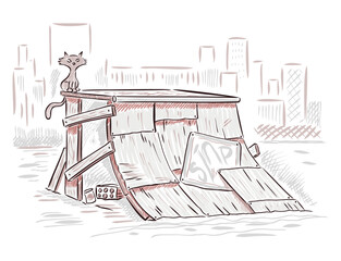 A simple, free-flowing illustration of a stripped-down skateboard ramp.