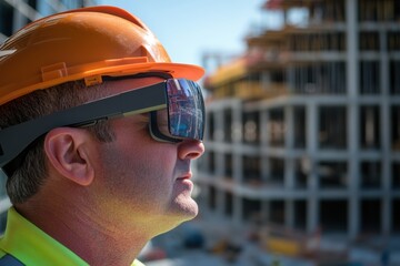 A construction professional in a hard hat uses an augmented reality headset to view digital building designs at the site.