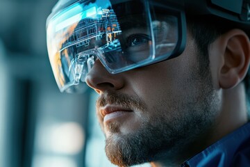 A person wears an advanced augmented reality headset, intently watching a digital cityscape reflected on the innovative transparent display.