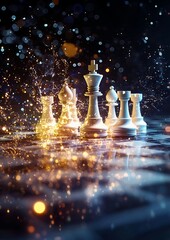 A close-up shot of chess pieces, emphasizing the strategy and challenge of the game. The golden and silver chess pieces sit on the board. The shot is enhanced with sparkling effects