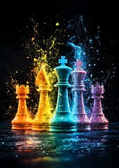 A dynamic and colorful chess piece arrangement showcasing the majestic king in the forefront, against a dark backdrop.