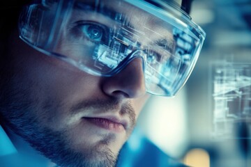 An individual wearing futuristic augmented reality goggles deeply observes intricate digital information, actively engaged in advanced scientific research and development.