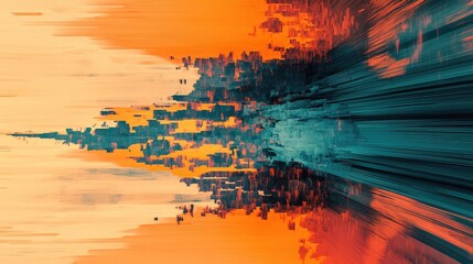 Abstract digital composition creating a dynamic visual flow of blocks and lines, shifting colors from warm orange to deep teal, representing data fragmentation and modern technology concepts
