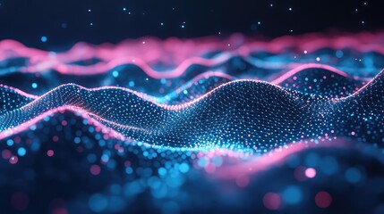 Abstract network of glowing data points forming undulating waves, visualizing information flow, big data, and futuristic technology connections in a cyber environment