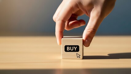 A person s hand placing a wooden block with the word buy on a table with a blurred background and shadow