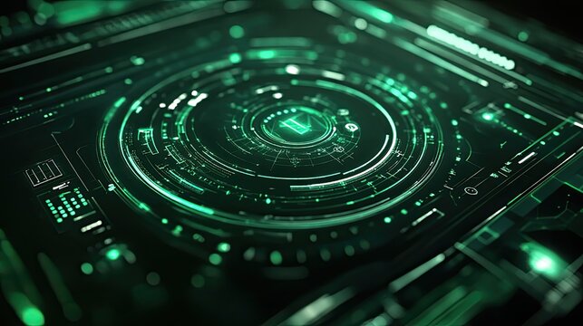 Abstract digital interface displaying glowing green lines and circles, representing advanced technology, global data networks, and complex cybersecurity systems - Powered by Adobe