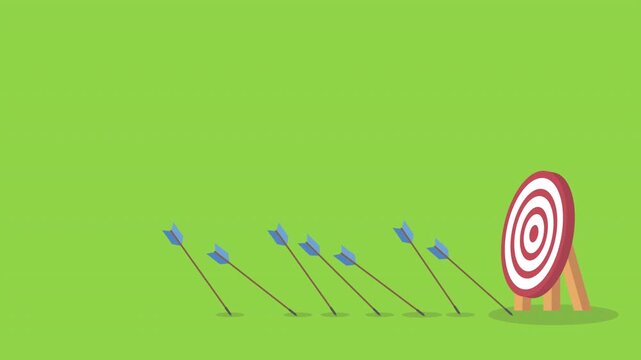 Red arrow hits the center. Business challenge failure and success concept.