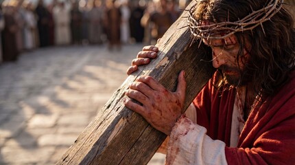 Jesus carrying the cross patibulum during the Passion