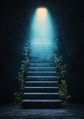A long staircase leading up to a bright light, with vines climbing along the sides, giving an otherworldly look. The image evokes a sense of aspiration, progress and mystery