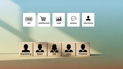 A collection of white blocks with silhouettes and icons on a gradient background with shadows