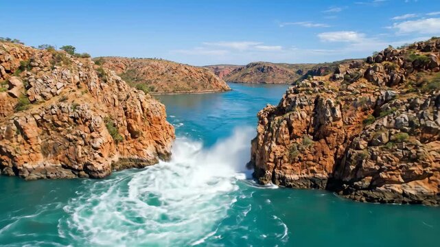 Horizontal falls in talbot bay: powerful tidal currents force turquoise water through narrow red-rock gorges, creating dramatic horizontal waterfalls seen from the air with a boat below