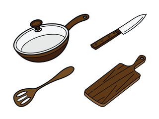 Vector illustration of kitchen utensils. frying pan with lid, chef knife, slotted spoon, and wooden cutting board. Cooking, culinary concept.