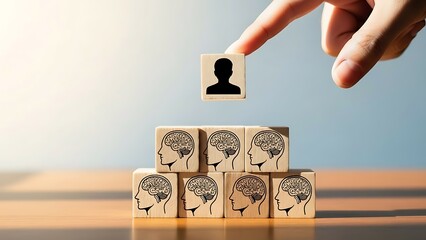 A hand placing a single wooden block with a human silhouette on top of a stack of blocks with various human face designs