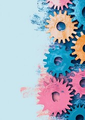 Colorful gears on a textured, light blue background, symbolizing teamwork and innovation. The gears create a visually engaging pattern with their vibrant colors.