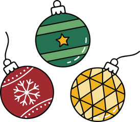 Vector illustration of a set of three colorful Christmas baubles featuring different patterns: green with a star, red with a snowflake, and yellow with a geometric design.