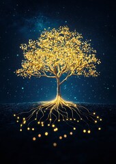 A golden tree illuminated against a starry night sky, with roots glowing