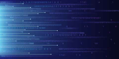 Binary code matrix on blue cyber background with abstract data streams and glowing lines. Technology concept with computer numbers in digital network pattern for futuristic programming visualization.