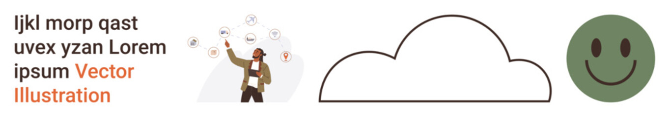 Online communication, data storage, happiness, cloud technology, emotional expression, teamwork. Person interacting with symbols, a cloud shape and a smiling face. Communication and data storage