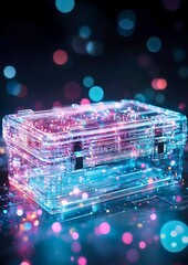 Abstract digital art of a transparent tech box with vibrant, glowing lights, evoking a futuristic and high-tech feel. This image showcases a complex network of data within a contained form