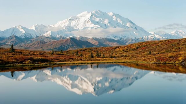 Denali&rsquo;s snow-capped peak towers over wonder lake, its mirror reflection framed by vibrant autumn tundra foliage under a clear blue sky in denali national park