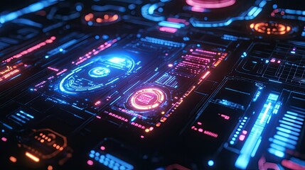 Glowing neon circuit board with interactive ui elements, visualizing ai, big data analytics and virtual reality infrastructure for futuristic computing and network connectivity