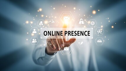 A person s hand reaching out to a glowing online presence icon with various digital symbols and lights around it online concept