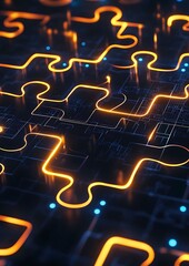 An abstract digital image of glowing puzzle pieces against a dark background, symbolizing connection and problem-solving