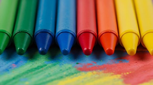 A vibrant row of colorful wax crayons displayed on a textured surface. Used art supplies create a dynamic background of blended hues. Perfect for educational, creative, and childhood themes