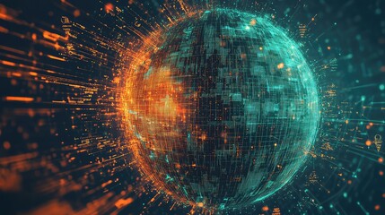 Digital globe representing global network connectivity, showing data streams transferring information around the world with vibrant blue and orange light effects on a dark background