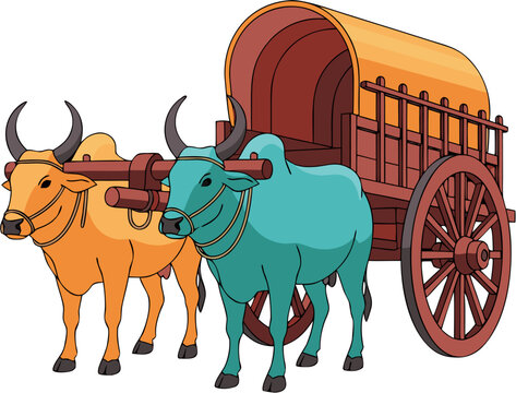 Bullock Cart Vector Illustration, Traditional Indian Animal Drawn Vehicle For Rural Transport And Agriculture