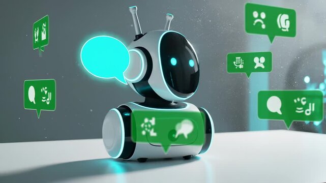 Chatbot robot displays speech bubbles with green communication icons floating. AI assistant shows chat messages around robot. Chatbot communication with speech bubbles. Robot AI messaging system.