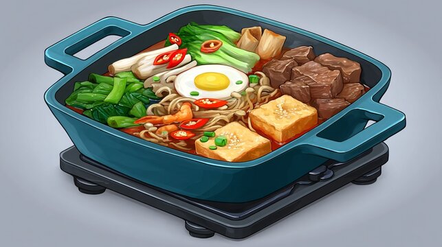 conceptual illustration of a Moo Krata pan as a central sun, its heat and light nurturing all the surrounding ingredients, symbolizing the life-giving warmth and communal spirit of the meal. 