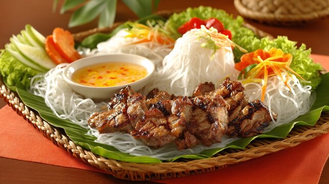 illustration of a single serving of grilled pork and blanched vegetables from a Moo Krata meal, served with a delicious, vibrant dipping sauce. The focus is on the final dish and its enticing 