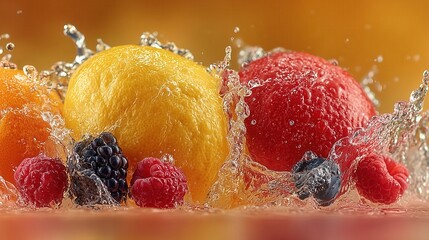 Fresh fruits splash in water with vibrant colors during summer for a refreshing scene