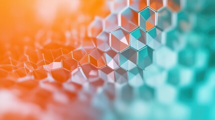 Futuristic geometric grid design featuring interconnected faceted hexagons, creating a vibrant digital mosaic with a striking orange and cyan color gradient