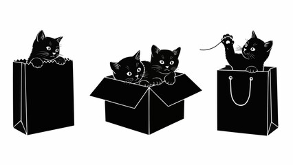 Three playful black kittens peeking out of shopping bags and a cardboard box. © Tasty