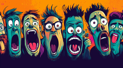 Multiple characters arranged in a single frame, each displaying different emotional states through expressive faces and body language. Saturated colors and a dynamic composition create a modern emotio