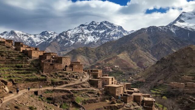 Atlas mountains village with traditional berber earthen houses and terraced fields, snow-capped peaks in background, people and donkeys on a dirt path, rural travel scene