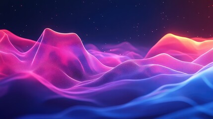 Abstract digital landscape showing undulating particle waves in vibrant blue, purple, and pink gradients, symbolizing data flow, network connections, and technological concepts