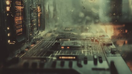 Digital circuitry creating an abstract, futuristic landscape with glowing elements, representing advanced technology, artificial intelligence, and global network connections