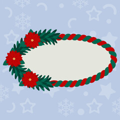 Festive oval Christmas frame with red and green stripes, decorated with pine branches and poinsettia flowers with empty space for holiday text and greetings
