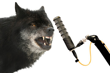 howling wolf during  sings into a microphone isolated on a white background