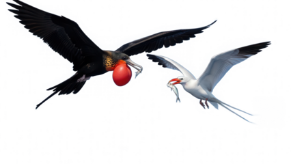 Two birds in flight, one carrying a red fruit isolated on transparent background