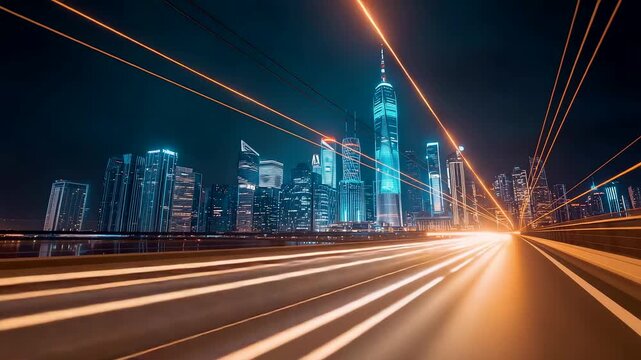 High speed city roadway at night with glowing light streaks leading through modern skyline showing urban motion transportation and energy