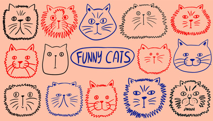 Different  cats heads. Hand drawn various kittens. Doodle animals collection. Vector ink sketch elements.